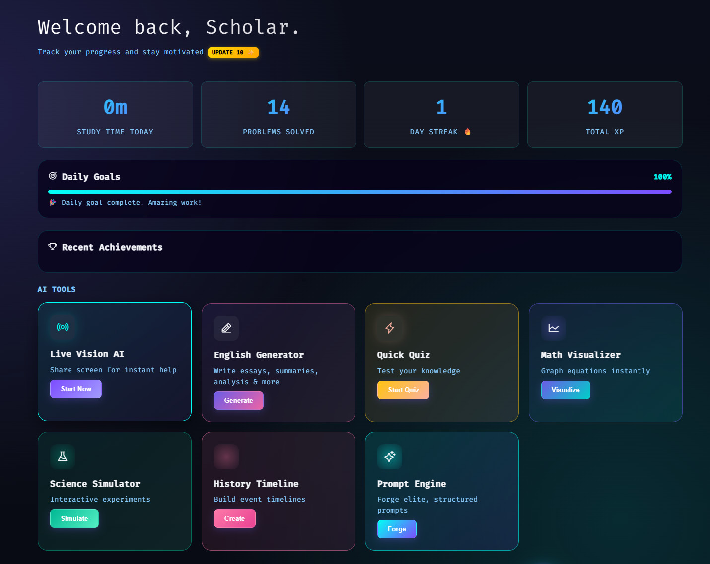 NEXUS Command Center dashboard — stats, daily goals, and 8 AI tool cards (Live Vision, English Generator, Quick Quiz, Math Visualizer, Science Simulator, History Timeline, AI Flashcards, Debate Practice)