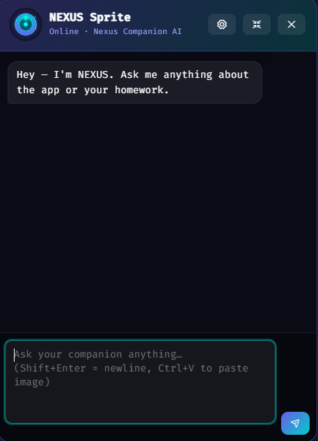 NEXUS Sprite companion chat window — avatar, online status, intro message, and chat input