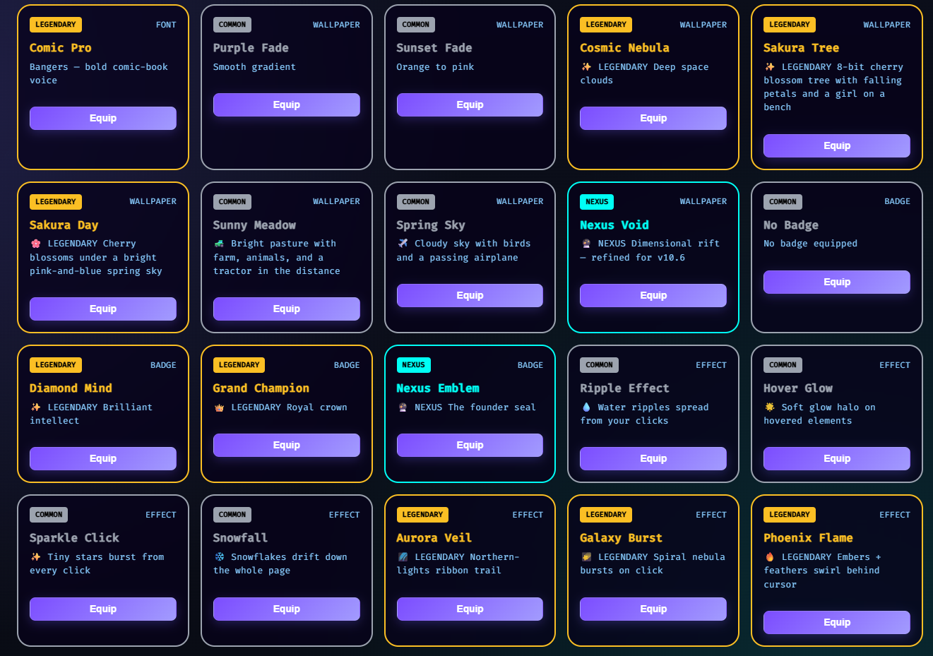 NEXUS inventory grid — wallpapers, cursors, fonts, badges, effects with rarity tags and Equip buttons
